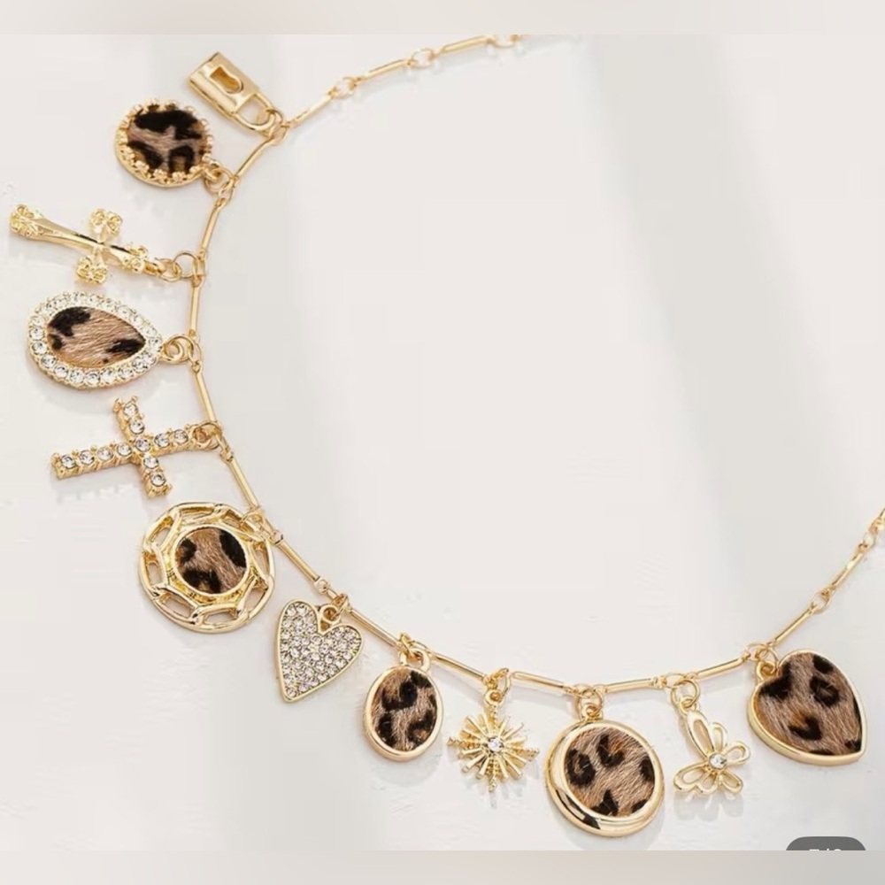 Gold and Leopard Print Charm Necklace - Picture 2 of 4